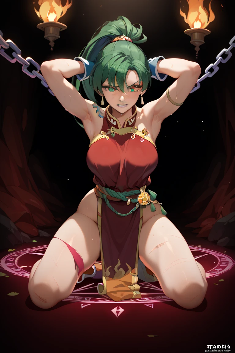 High quality,orange hair,short hair, fluffy hair,breasts,Curvy legs, Green Earrings,panties Armor with thorns, pearl Necklace