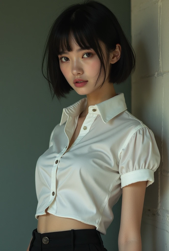 ((Highest quality、In 8K、masterpiece:1.3))、Sharp focus:1.2、Beautiful woman perfect body:1.4、Slim Abs:1.2、((Short Hair:1.2))、(trendy fashion in tokyo、shirt:1.1)、Background white、Wet body:1.5、Three-dimensional texture、Detailed eyes、(Brown Hair、Black Hair:1.2)、Very shiny hair、Backward view、Hair quality improvement、Handsome short、Short-haired blonde、No text