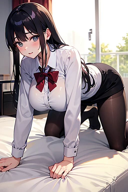 best quality、high resolution、girl、Long black hair、Wet Uniform、Big breasts、pantyhose、Sit on the bed、、spread legs、from below、aroused