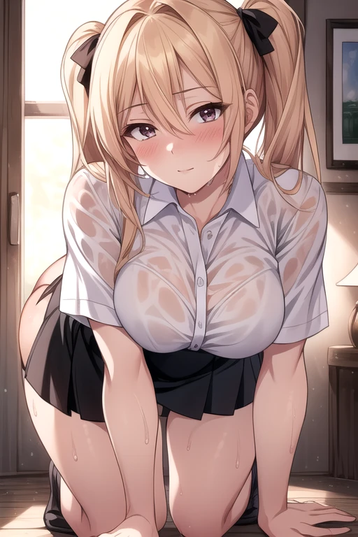 1boy, 1girl, abs, (ass grab), ((lace bra)), blush, breasts, doggystyle, hetero,table, sex, indoors, lens flare, windows, smile, hanging motion lines, curvy, nude, hanging breasts, kitagawa marin, 1girl, blonde hair, long hair, multicolored hair, red eyes, jewelry, earrings, piercing,