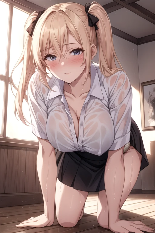 ((masterpiece,best quality anime,Highest quality:1.3)),cowboy shot,Mature Beauty,solo,1woman,((very small head:1.3)),((ideal ratio body proportions:1.2)),blonde hair,high twin tails,straight long hair,bangs,gorgeous eyes,brown eyes,shy,(White collared shirt、Long sleeve、Red tie、Black pleated mini skirt),black_thighhighs,black hair_ties,White sneakers、((slender body,skinny)),medium breasts,sweat:1.3,gleaming skin,shiny skin,arms behind back,incontinence、peeing,squatting,Dimly lit nurse&#39;s office、Academy、Modern Tokyo、nsfw,