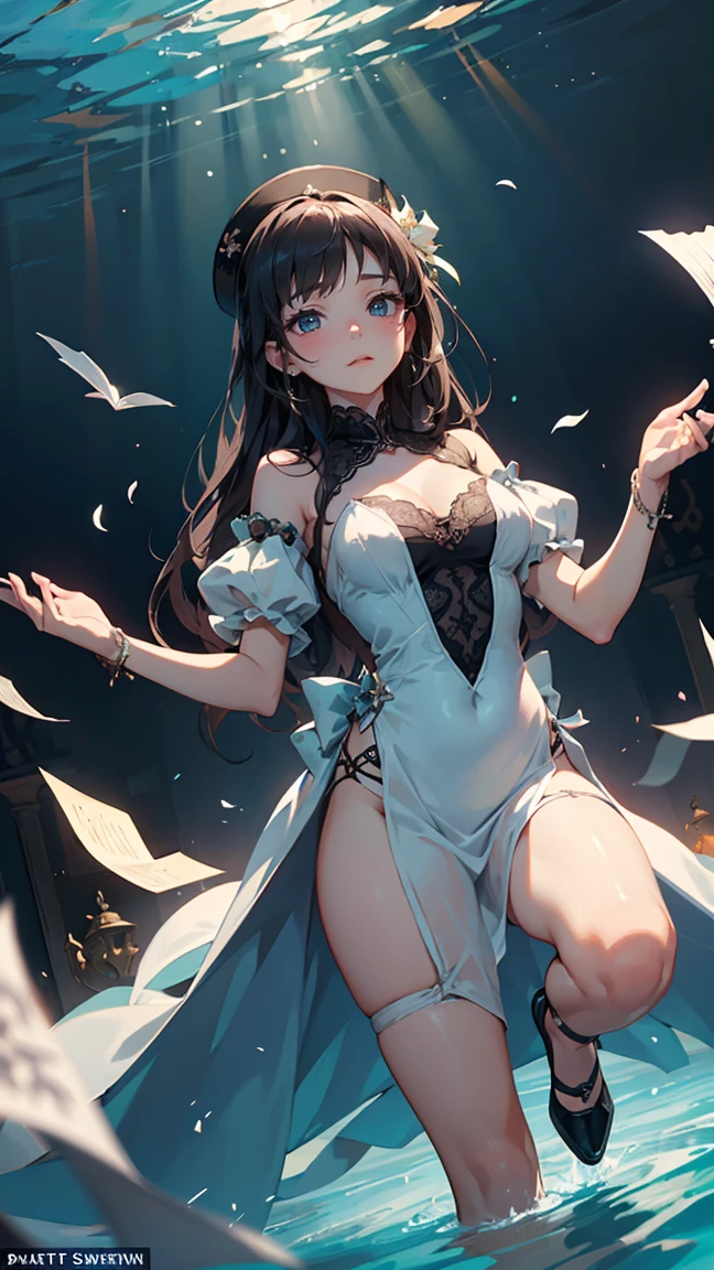 Purple gray long hair,White transparent tulle,Sitting on the sofa with Jiro's legs up, Big breasts,Sticky white liquid shot on the chest,A group of butterflies are flying around,There is a glowing mark on the abdomen,Shiny brown stockings,Flower leg ring,Meat Leg