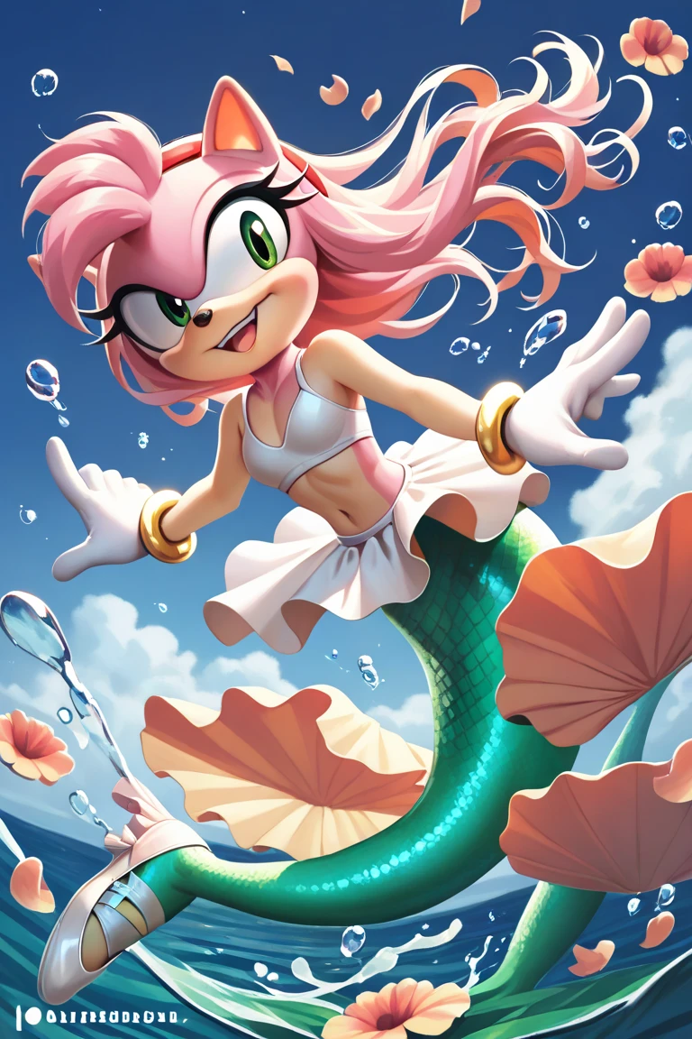 score_9, score_8_up, 2D, Beach background, looking down at herself, 1girl, very detailed, extremely detailed, ((best quality)), ((highly detailed)), masterpiece, (1girl), full body, (mermaid), fins, shiny mermaid tail, shiny scales, mermaid tail having a blend of pastel pink and purple, seashell bra, outside, Amy Rose from the sonic the hedgehog series, portrait, above shoulder, puzzled expression, sound lines, open mouth, (makeup), long hair, breasts