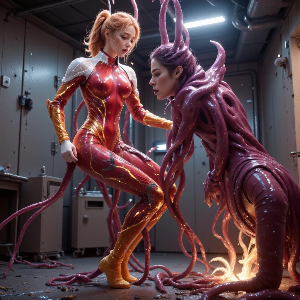 Ultra-realistic, alien and human fierce battle, woman fighting to the death, popping out with heavy bleeding, red internal organs and brain splashing from the head, female body eaten by aliens, high image quality, 8K, 32K, F1.8