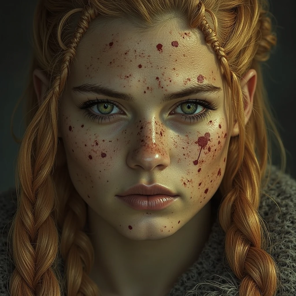 modelshoot style, (extremely detailed 8k wallpaper),a full body shot photo of ANAT0J3,  scar in face, battleworn, braided hair, royal, (cyberpunk|star wars:1.0), ((cyborg)), robot, sci fi, ((dystopian)), Intricate, High Detail, dramatic, action shot, battle environment, war, skin pores, very dark lighting, heavy shadows, detailed, detailed face, (vibrant, photo realistic, realistic, dramatic, dark, sharp focus, 8k), (weathered greasy dirty futuristic red armour:1.3),(tears,crying: 19), (ruin city)