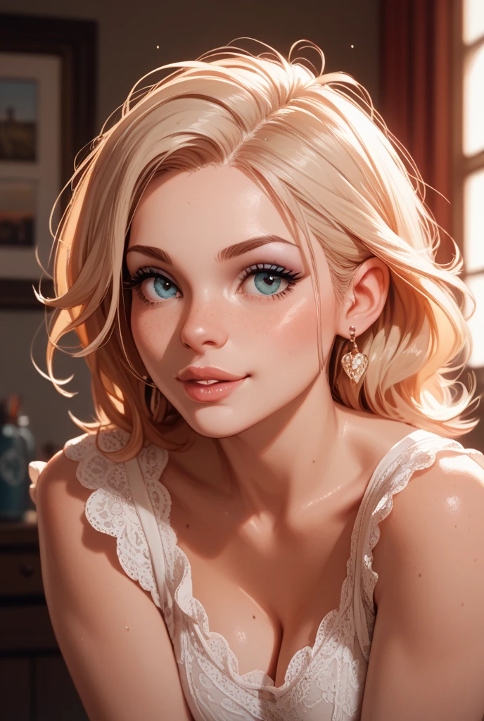 Best-quality, Masterpiece, Ultra-High-Resolution, (Photorealistic:1.4), Raw-Photo, Extremely-Details, Perfect-Anatomy, 1girl, most popular actress, portrait, grinning, extremely beautiful sexy face, amazingly sexual arousing face, extremely beautiful big black solid circle eyes, extremely beautiful blonde short cut haired, extremely beautiful realistic skins, extremely beautiful lips, extremely beautiful long eyelashes, detailed sexy face, detailed sexual arousing face, detailed eyes, detailed blonde hair, detailed realistic skins, detailed lips, detailed long eyelashes. ((Topless, naked, nude. Bare shoulders, bare neck, bare chest)).