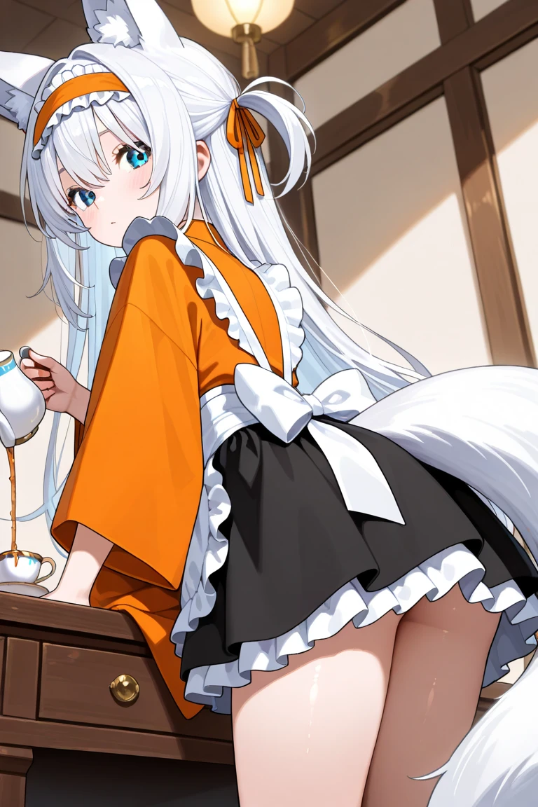 (masterpiece), (Best quality anime illustrations), (super clear), a girl, alone, Beautiful girl with silver hair, anime change, Cat ear , naked apron, There is a heart-shaped hole in the chest, Split, Moist and transparent, Mountain and Lake View Cabins