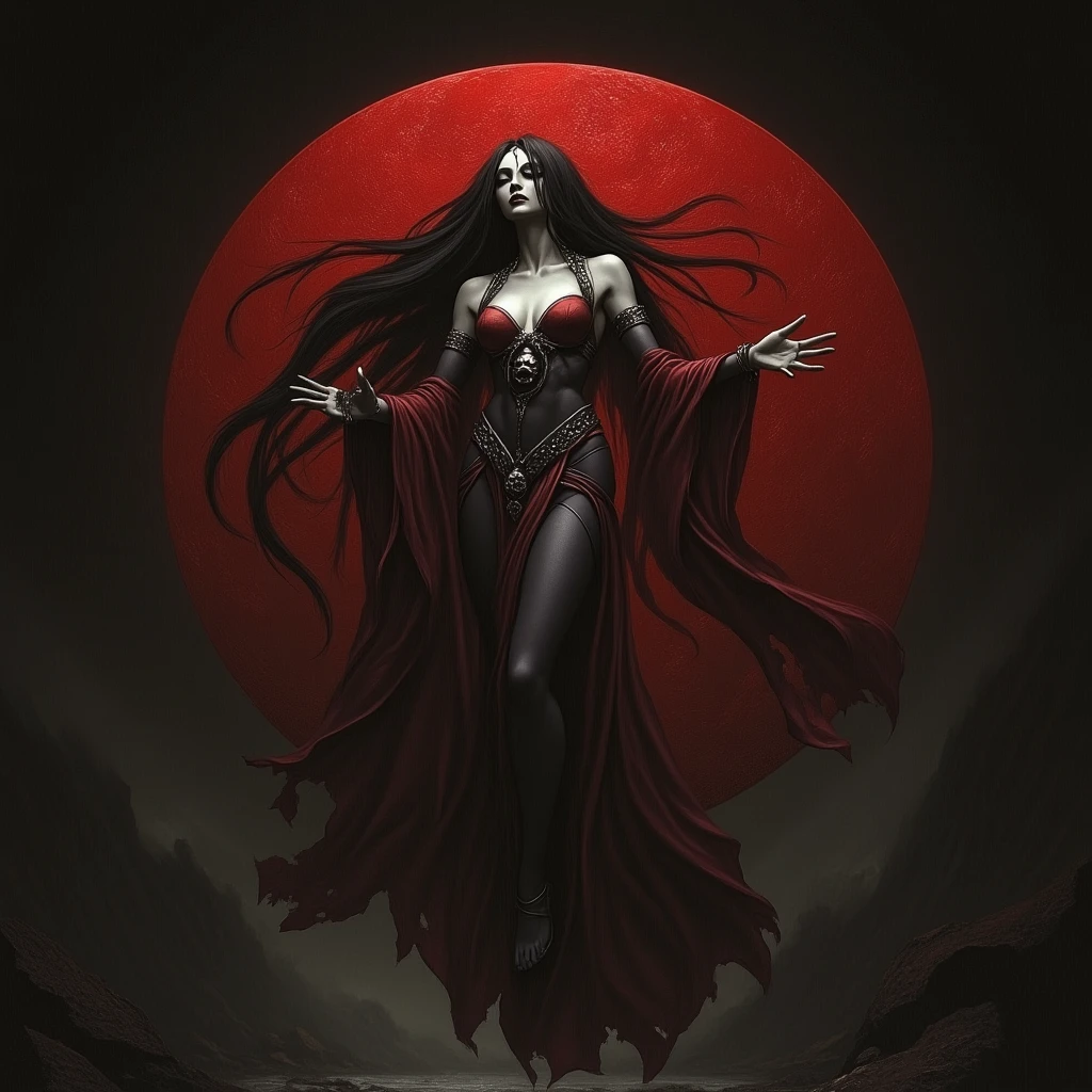 score_9, score_8_up, score_7_up, solo, a gorgeous japanese girl, ominous, beautiful face, beautiful features, glowing bright red eyes, red pupils, seductive stare, huge demon horns, adorned horns, black sclera, pale skin, black eyeshadow, thick red eyeliner, red lipstick, thick eyelashes, beautiful black hair, bloody hands, dark red gemstone in forehead, dark red jewelry, wearing a black kimono, long red fingernails, black background, red linework around the character, thick line art, large glowing moon behind the character, drapery dress, dark red cloak, looking down at the viewer, cowboy shot expressiveh d4rk01l