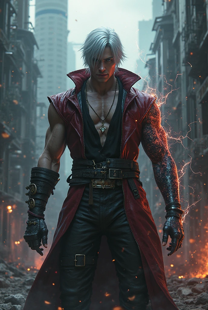 Male age 25, white skin, blue eyes, deep eyes, waist length hair, waning crecent moon violet on the forehead, scarlet red furry trench matrix gabardine open, black cargo pants, only left arm on violet flames, japanese style, chains around the belt, athletic, magic powers, action, sexy look, leather brown boots with metal pins, black cat nails, jojo's pose, night background, uncovered head