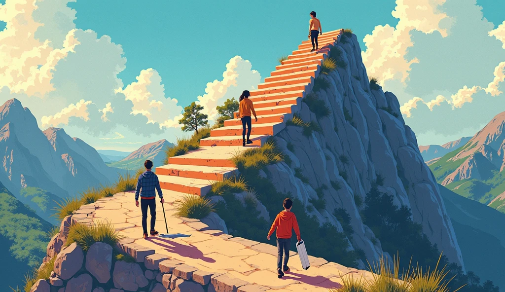 Imagery: Envision a dynamic bridge spanning between two cliffs. Family members are depicted on the bridge, helping each other across. Some might be carrying symbolic items representing significant life changes (like moving boxes or career briefcases). The background includes elements like a new home or job site to indicate transition points.
Setting: The scene is set in a lively, supportive environment, with the bridge as a symbol of unity and the family working together to overcome obstacles. (make it like what is said here)