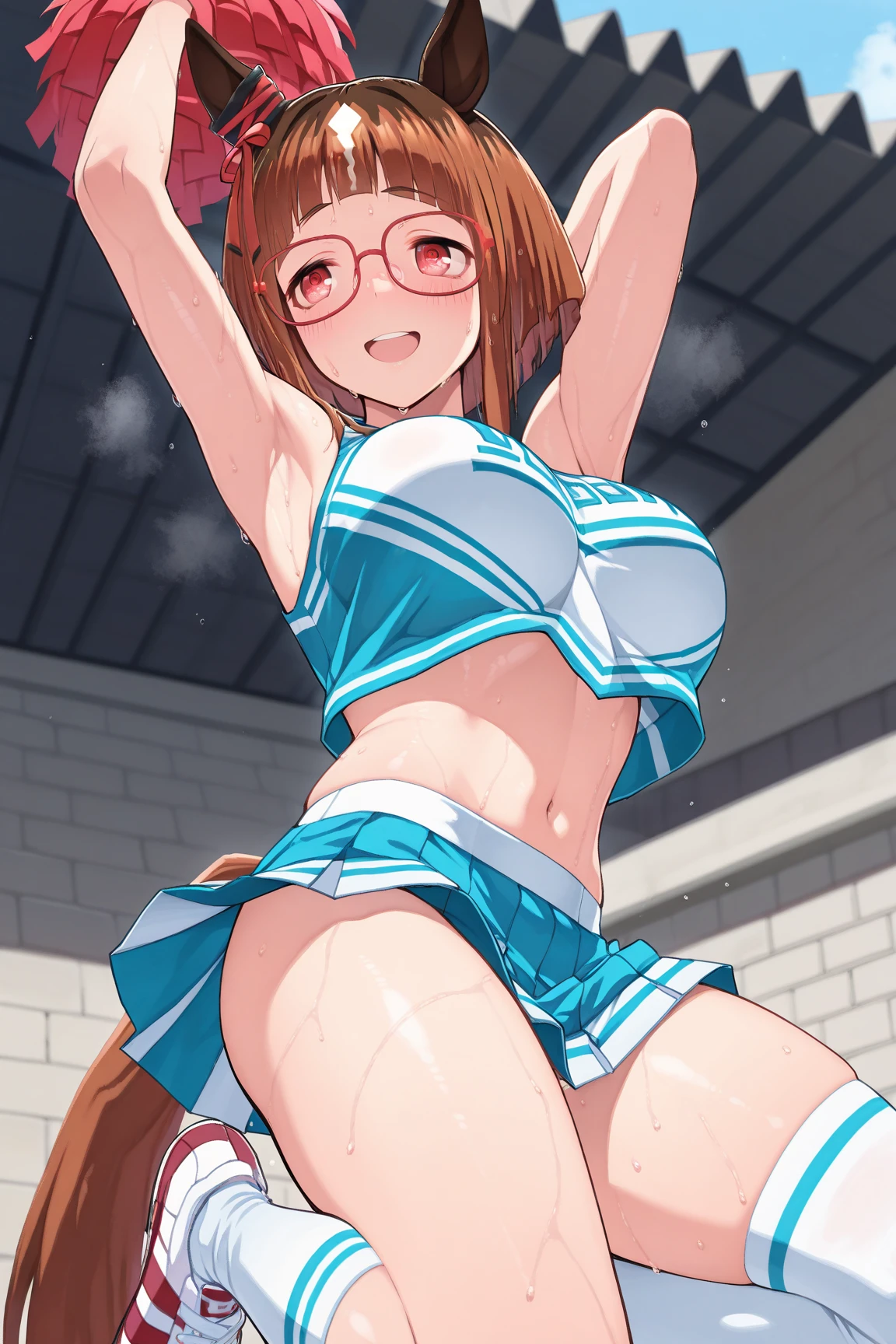 score_9, score_8_up, score_7_up, source_アニメ, sakimiya iruka, red hair, green eyes, one side up, medium hair, green scrunchie, hair ornament, shiny skin, rating_explicit, big breasts, large ass, Race Queen, highleg, (cry:1.2),(tears:1.3),(open mouth, shout),(sweat:1.2), (steam on body, heavy breathing), (trembling:1.4), drooling, bouncing breasts, unaligned breasts,(motion lines:1.5), motion blur,(pussy juice, Squirting:1.5), (arched back), (troll:1.2), (2men, vaginal penis, leg up, standing split), 2penises,(huge penis:1.5), (head grab:1.2), (cum in mouth, cum on tongue, facial, cum on hair), projectile cum, cum string, excessive cum, pole dance, on stage, from below