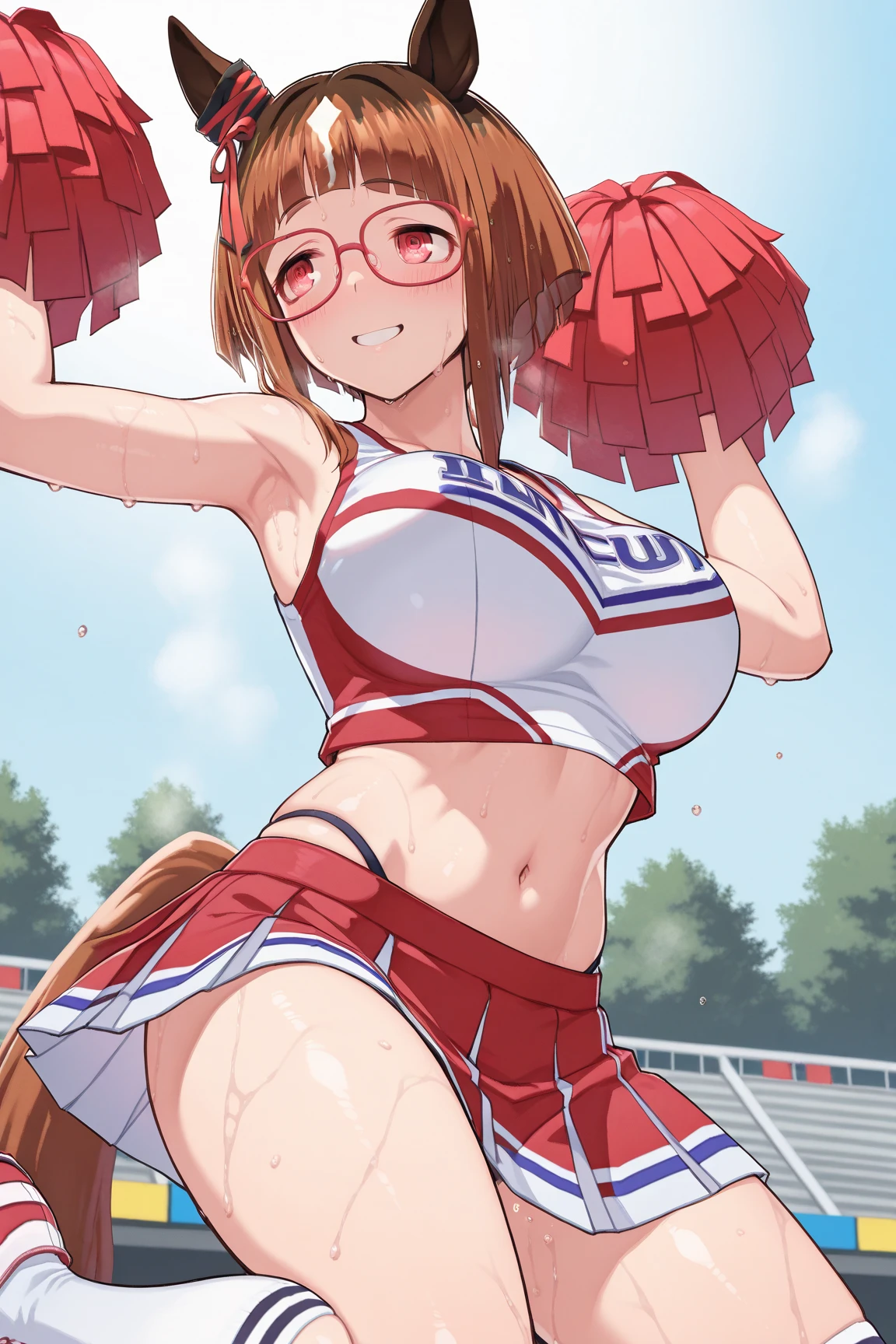 ((Glasses、Cheerleader、Highest quality、Masterpiece、High resolution))、(((Zoom photo from above、semen、Bukkake、Wet body、Wet Hair)))、(smile、blush)、Big Breasts、Cleavage、Inside the gym、Black Hair