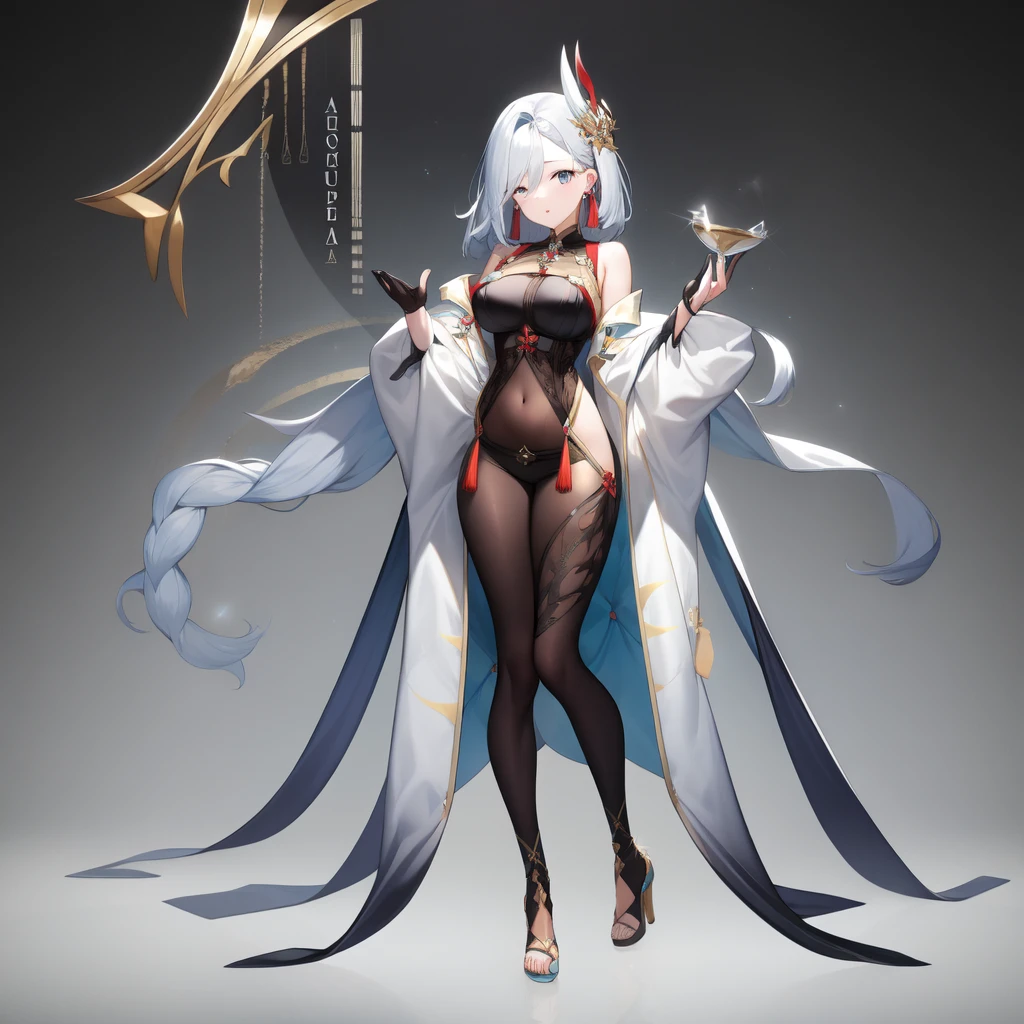 masterpiece, best quality, ShenheV4, 1girl, solo, looking at viewer, simple background, hair ornament, gloves, high heels, long sleeves, white background, holding, jewelry, standing, full body, earrings, black gloves, nail polish, clothing cutout, bodysuit, covered navel, tassel, toenails, gold trim, partially fingerless gloves, black bodysuit, toenail polish, hip vent, shoulder cutout, breast curtain, 