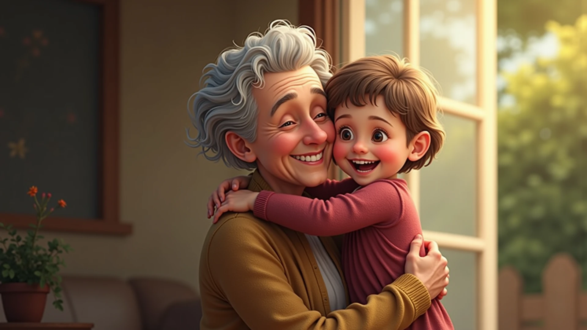 Draw me a picture , chubby boy , old lady stroked boy's head