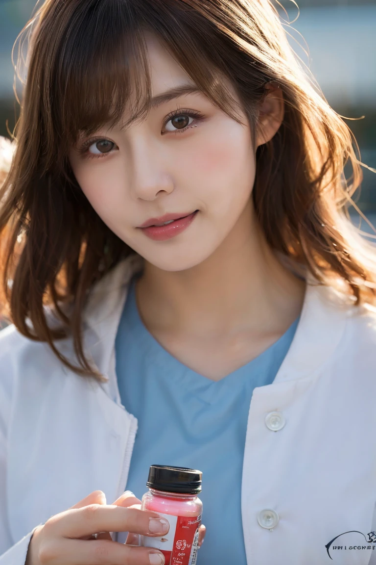 (超High resolution, masterpiece, Anatomically correct, Textured skin, Super Detail, Highest quality, High resolution, 8k, bloom, Front light), (Cute and sexy 24 year old nurse, Sexy Face, Distant eyes, Gentle eyelids, Thin eyebrows, Gentle corner of the eye, Beautiful aquiline nose:1.4, It will totally charm you, Eyes that feel erotic, A taste of beautiful eroticism, Too cute beauty), (Brown Hair, Hair Bun:1.4, bangs), (Gal Makeup, eyeliner, Lip gloss), (Upper body naked), (Looking into the camera, Squat, Shooting from above:1.4), (Nurse uniform, Nurse cap, pink Nurse uniform), (hospital, hospital room, bed, Pure white ceiling), smile, Keiko Kitagawa:1.0