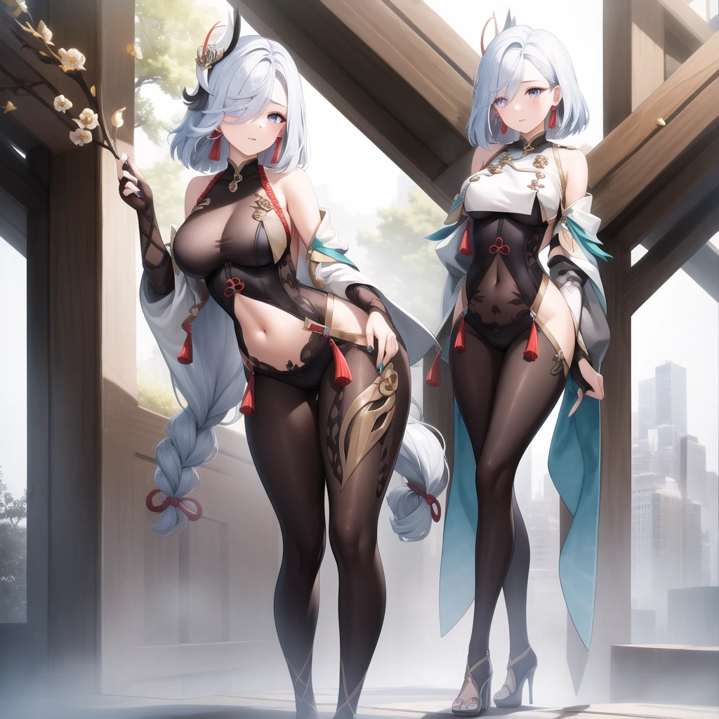 anime illustrated、cyberpunked、Twin silver-haired bitch gal shrine maidens、Red mesh on hair、Huge shrine on the ocean floor、Brilliant coral reefs、thick thighs、floating red jellyfish、Colossal tits、Plump body、Expose nipple、fullnude、(exposing their genitals)、超A high resolution、Archaic Smile、Close-up of people
