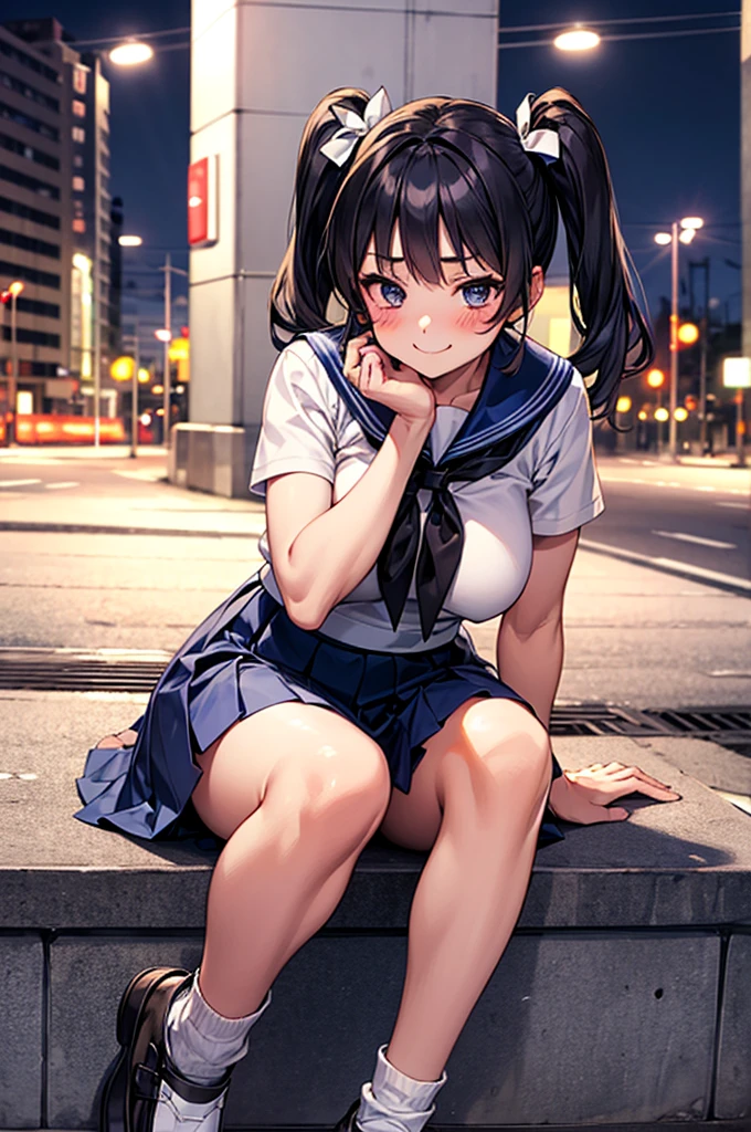 Highest quality、High resolution、Detailed Background、(Beautiful face in every detail:1.4)、Detailed facial expressions、Anatomically correct、Teenage beauty、(Huge breasts:1.2)、cute hair color、Braided Bob、Braided Ponytail、cute hairstyle、Perfect body line、Attractive thighs、Cute gestures、Tokyo Sky Tree、A big smile、smile、cute、
White Sailor Suit、White sailor collar、Pleated mini skirt、White Stockings、
squat down、I can see my underwear when I squat down、Panty shot、
(A girl squatting playfully with a landmark in the background:1.5)