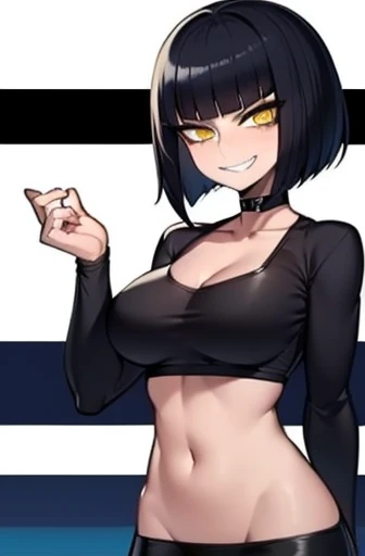 Amazing portrait of a cute goth woman with her short black hair in a bob hairstyle and she's wearing heavy eyeliner around her eyes and she's gazing at you seductively she wears an off shoulder t shirt that is orange and black with black bra straps