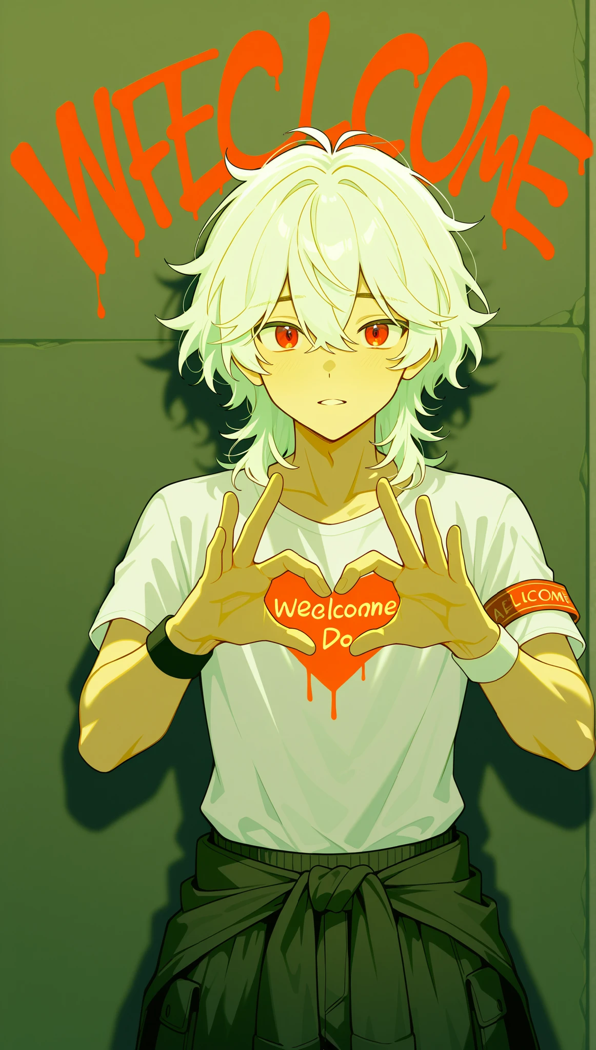 blond-haired boy. He’s wearing a black T-shirt, blue jeans and white basketball. He’s laughing. His eyes are scary. He has red blood on his hands and on his clothes. Around him are burning ruins and buildings. [Boy] [Bad] [Red Blood] [Laugh] [Scary]