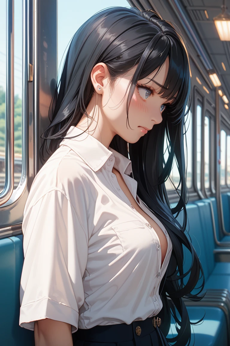 (photorealism:1.2), Japanese  student tired and disheveled on public transport mostrando un seno