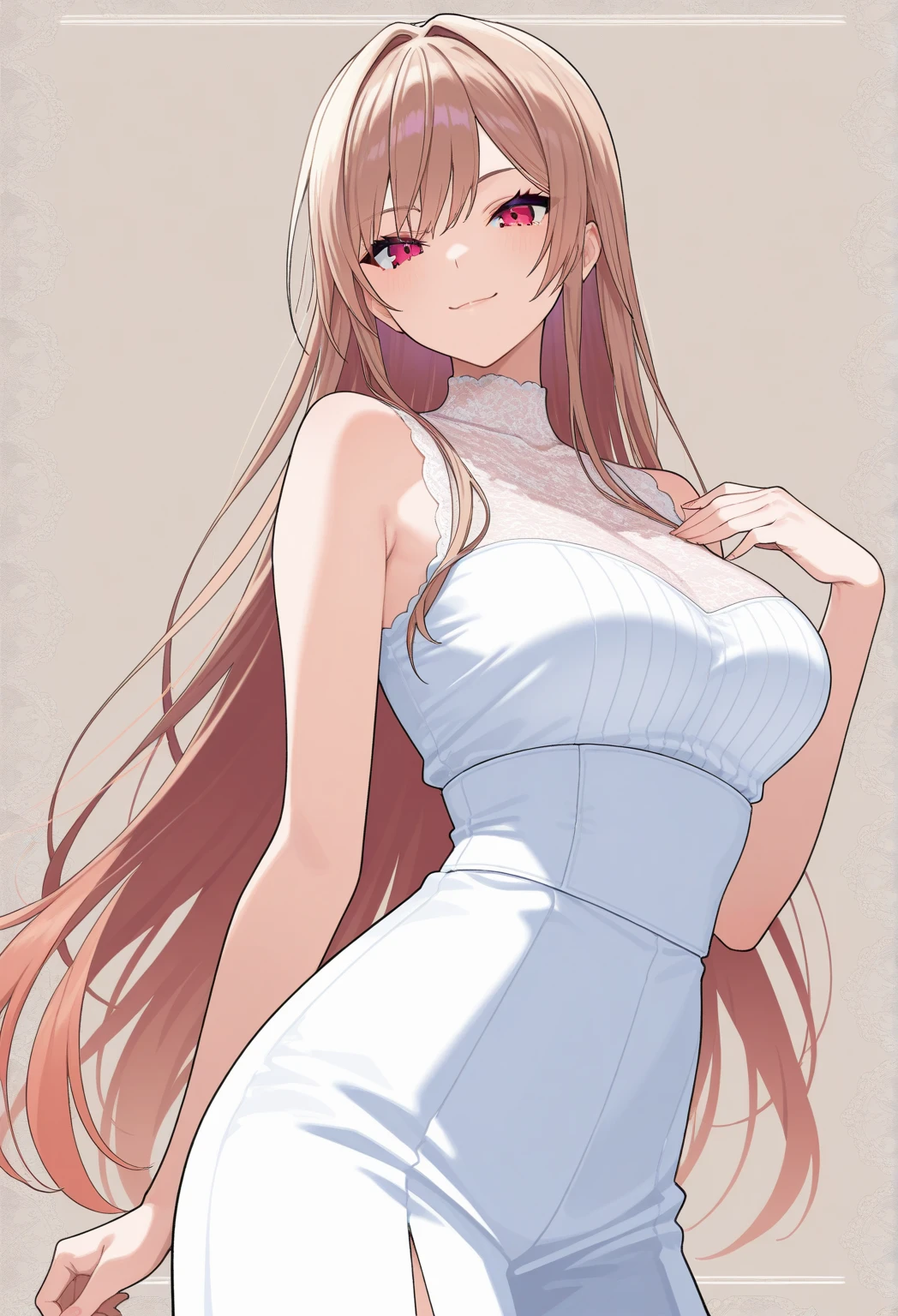 Cromwellb_ style, 1girl, monika_(doki_doki_literature_club), breasts, green_eyes, dress, solo, long_hair, ponytail, black_dress, brown_hair, cleavage, smile, large_breasts, looking_at_viewer, blush, ribbon, grey_background, simple_background, hair_ribbon, white_ribbon, bare_shoulders, half-closed_eyes, alternate_costume, parted_lips
