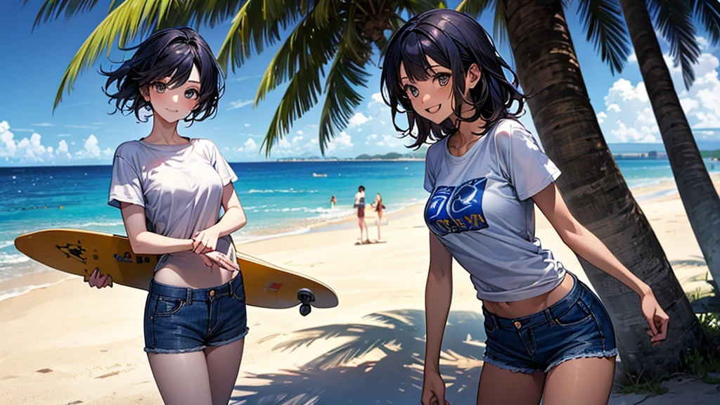 masterpiece, best quality, 2girls,sisters,summer,bkini,(beer mugs)++,beach,Atmosphere of Showa era,retro,signboard,southern island,beer poster,happy,toast,