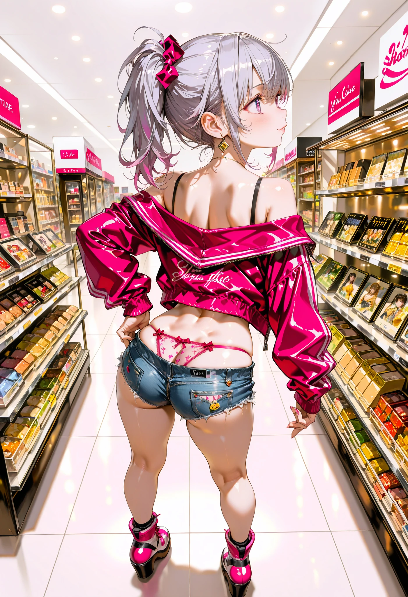 (masterpiece, 8k, Ultra High Definition, Highest Quality, realistic like a photo, perfect anatomy, sitting on toilet), (1 girl on break day, soro:1.4), (cute, little:1.3), (very cute face:1.2), absurd, Super Detail, golden ratio, 超cute女の子, idol girl on water , Super Beautiful Asian Woman with Extremely Beautiful Purple Sparkling Eyes, beautiful shiny silver hair , high ponytail, nice and sexy body , Slender Body, perfect body, (Anime Print Super Tight Off Shoulder Long Sleeve Crop Top), (Wear Ultra Tight Anime Printed White Micro Shorts), ( neon pink panties), ( Super Aesthetic Clear Mini Jacket ), Beautiful hair ornaments, Pink Jordan shoes, (You can take pictures at an accessory store in a shopping mall, Standing pose from behind:1.5), ( undress, Taking off micro shorts , show me panties, Show the string:1.4),