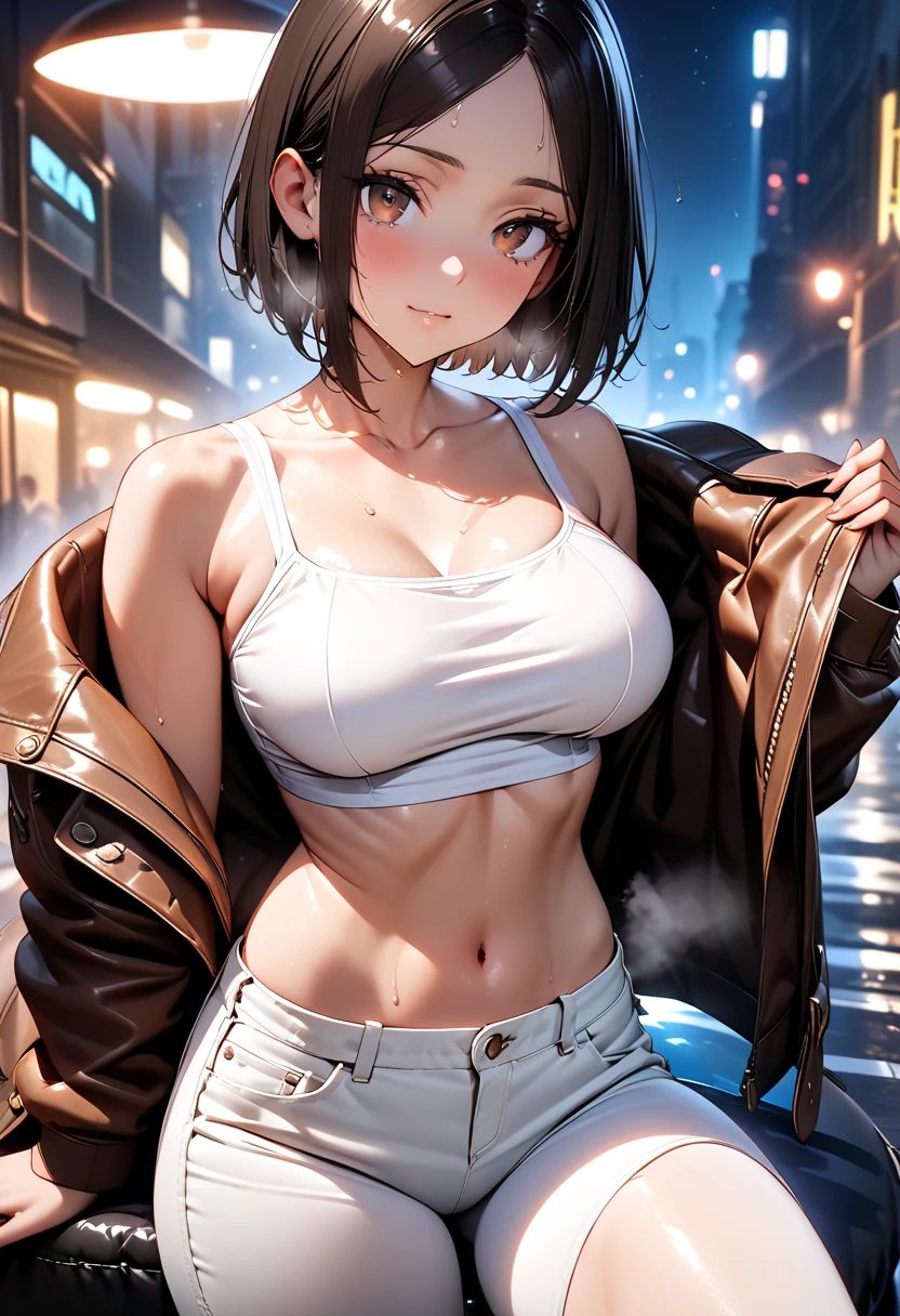 (8K HDR photorealistic pic), (cowboy shot), (Perfect Anatomy, top-quality, The ultra -The high-definition, high resolution, extremely details CG, 8K Unit Wallpapers), mature 20-year-old, solo, Beautiful detailed eyes, black hair, short bob hair, blunt bang, (small breasts, slender body, athletic), gleaming skin, oily skin, (punk fashion, leather jacket, (tank top), micro shorts), (drive a motorcycle, Harley-Davidson), on road, Tokyo, at night