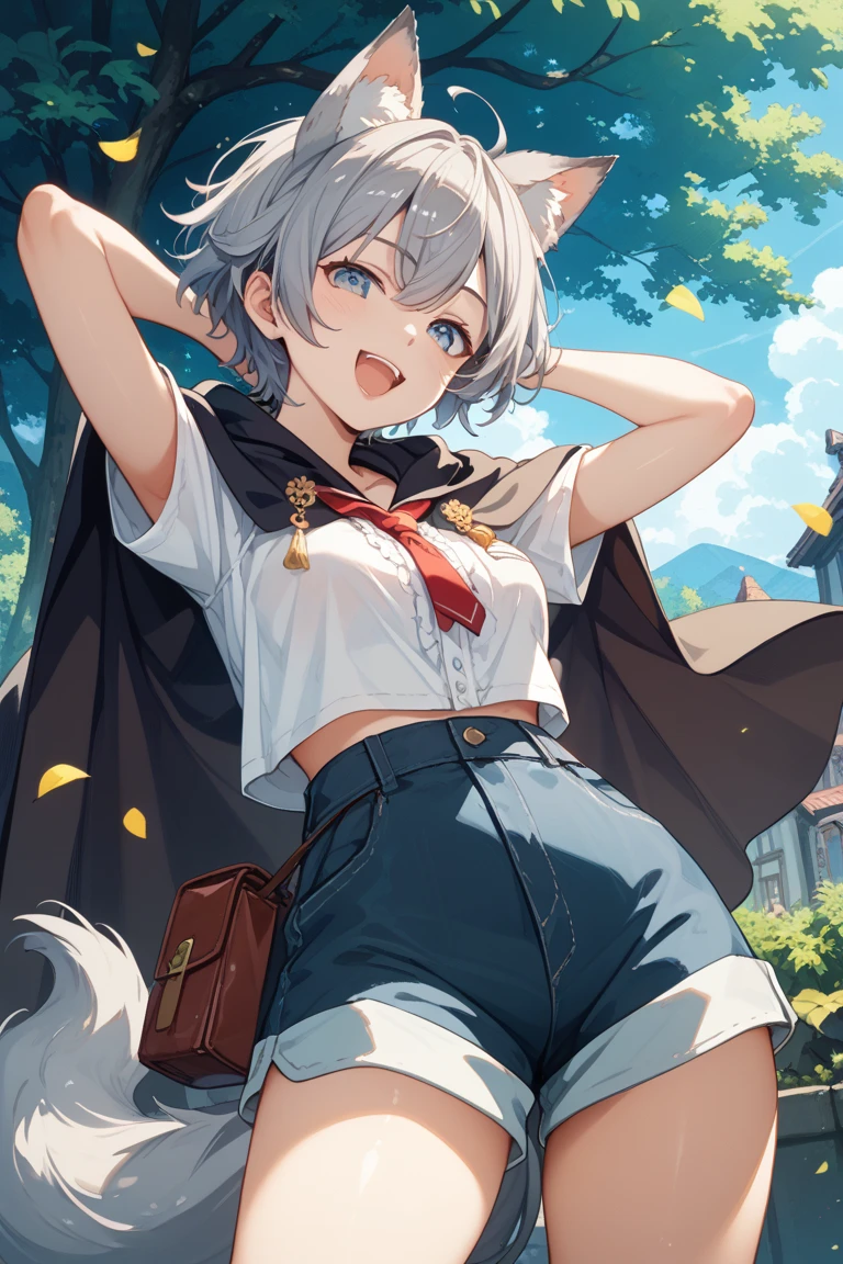Solo, kemono, femboy, orange and white hair, yellow eyes, wear red bow tie, wear black long sleeve shirt, wear black boxer, wear black and white stockings, blushes, look at camera, smile open mouth, standing on mouth, view from mountain, cloud fog background, sunrise time