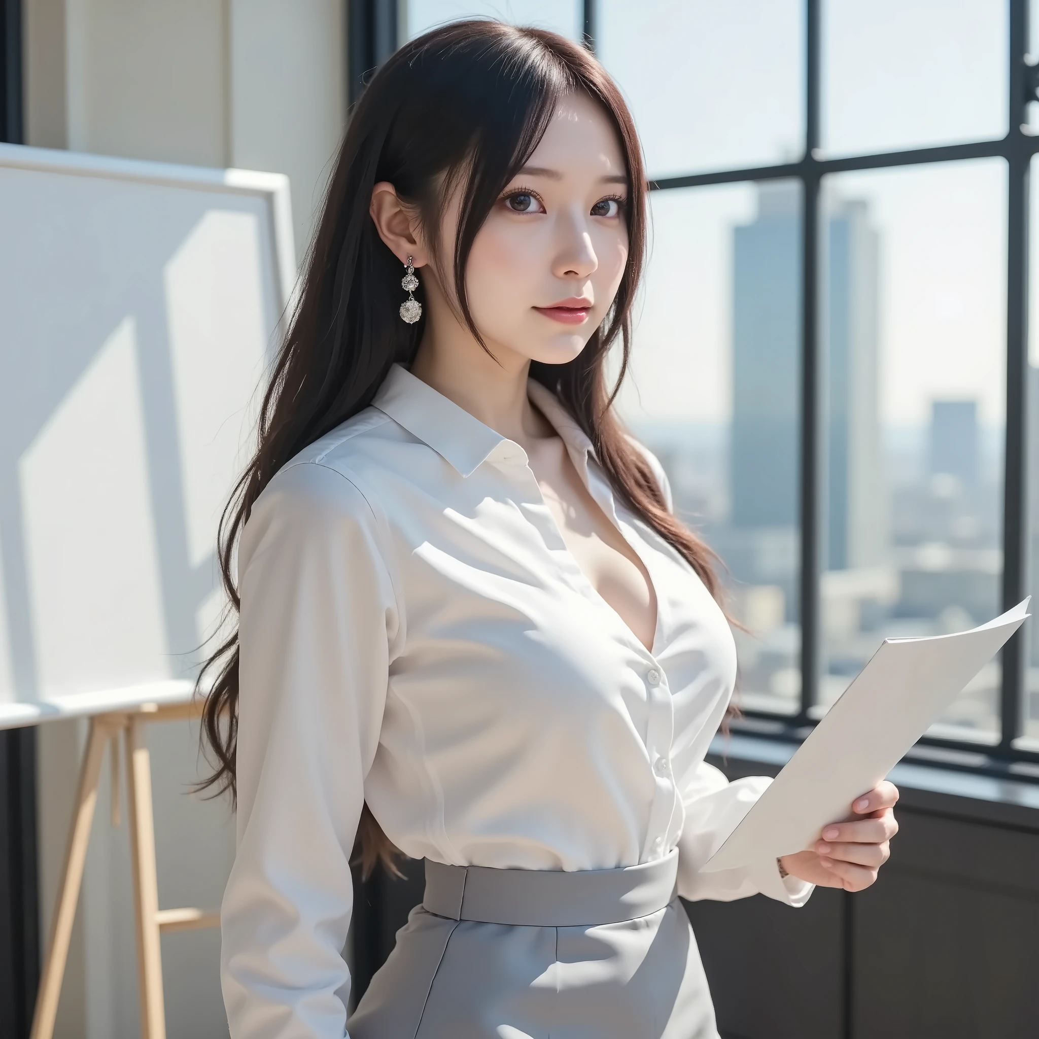 A young and beautiful 25-year-old young woman, she is in a stylish conference room at work where the sun shines in、standing next to a whiteboard with documents in one hand、Ultra Clear Focus、Japanese top idol,she is wearing a light gray tight skirt and、a see-through v-neck shirt,with underwear see-through her open collar shirt,her hair is gathered on one side,looking at the skyscraper from the window