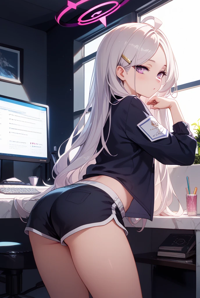 masterpiece, best quality, 1girl, a man's penis is rubbed against the vaginal lining of a beautiful woman with white hair, red eyes, wearing a crop top and not wearing any panties from behind