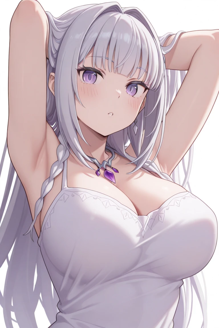 Emilia re:zero, purple eyes, Emilia, crown braid, x hair ornament, flower hair ornament, white hair, long hair, medium breasts, anime girl with bunny ears and a bow tie, bunny suit, leggings, leotard, playboy bunny, ahegao, oppai, shikamimi, seductive anime girl, , reisen udongein inaba, with bunny ears, with big rabbit ears, breasts covered and sfw, fluffy chest, anime moe artstyle, bunny girl, ahegao face, sie boob