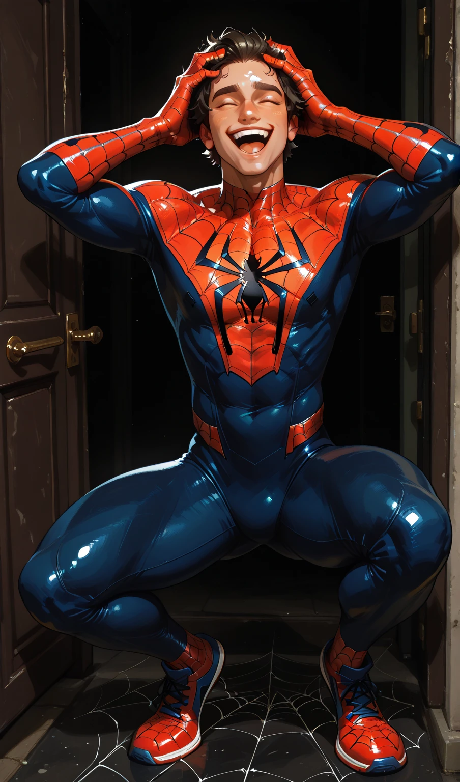 Tom Holland in a seductive pose, himbo body, omega in heat, gay slut body, Spiderman suit, spreading legs, hand on crotch, ready to cum, cum in mouth, cum on ass, male lactation, pierced nipples, submissive and slutty expression, extremely detailed body, 1 man, looking at the viewer, pornographic yaoi style, cinematic lighting, chiaroscuro, moody atmosphere, intense colors, hyper detailed, intricate details, sharp focus, full view