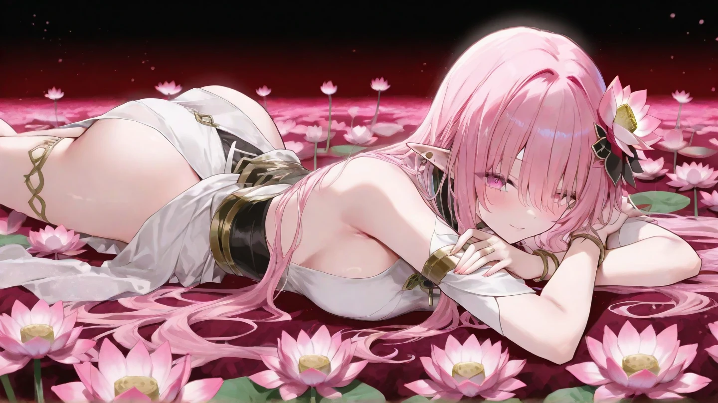top-quality、Top image quality、​masterpiece、girl with((18year old、 White underwear、Best Bust、Bust 85、a blond、Semi-long、green eyes、one piece dress、Valley、Happiness、Black wristband on wrist、A slende body is wet、wetting hair、Naughty face、On all fours、on the beds、Get closer to your audience)）hiquality、Camera Film Style、Background with((Beautiful room at night))、masterpiece、cool style、Elaborate design、visualart, zerotwo, coming towards viewer, one long shoulder dress