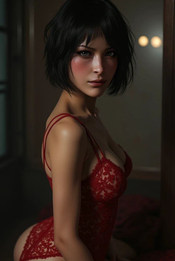 1girl, cowboy shot of beautiful ada, looking at viewer, red dress, black hair, blush, short hair, athletic night, volumetric lighting, best quality, masterpiece, intricate details, tonemapping, sharp focus, hyper detailed, trending on Artstation, ada, realistic 