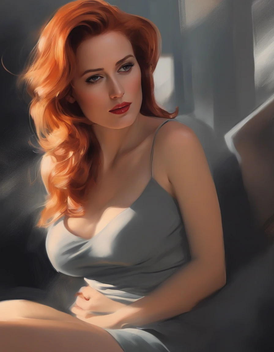 Frau (Eva Mendes) with red hair posing in white shirt, Sultry Realistic Color Photography, redhead girl, rothaarige Frau, Beautiful red-haired woman, red-haired goddess, Voll bekleidet. dressed in a white shirt, Sie ist rothaarig, Rothaarige, Beautiful, gorgeous olive-brown skin tone, Sexy girl, Seductive, aufreizender, anmachender Gesichtsausdruck, sensual smile