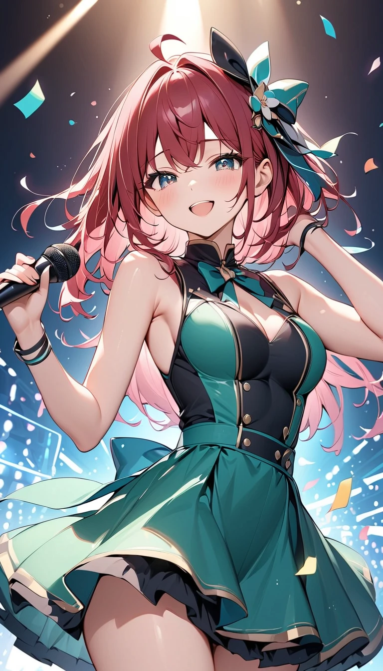 masterpiece, best quality, 1girl, picture of a girl on a stage, red hair, green eyes, dress, sleeveless, shining lights, fashion show, fun, spotlight, posing, petite body, microphone, concert, idol, star
