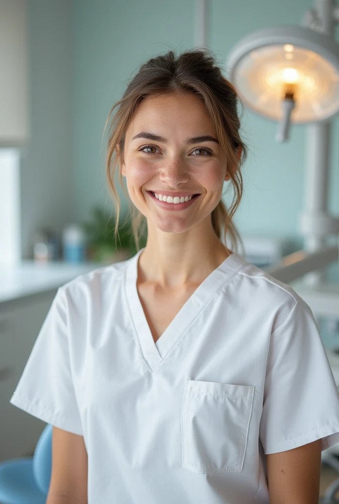 a single beautiful female veterinary technician, smiling with perfect straight white teeth, realistic, high detail, photo quality