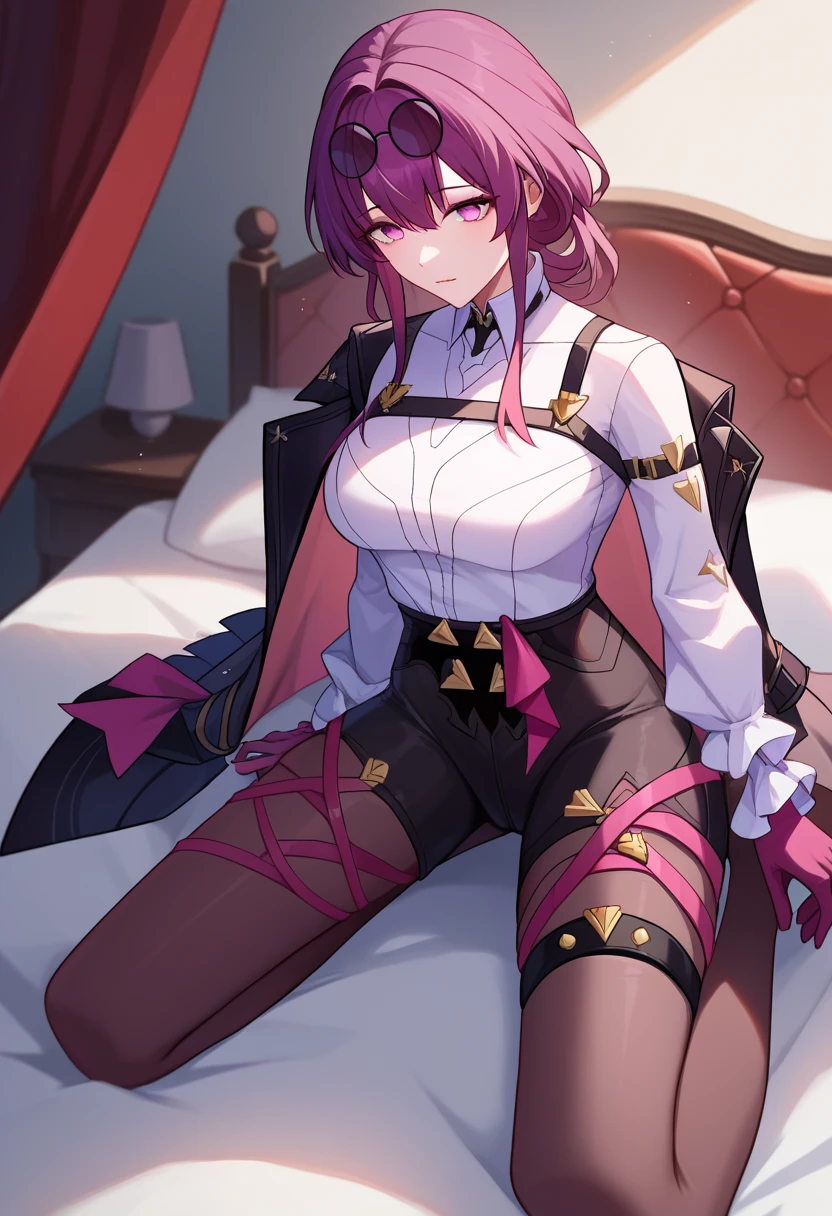 masterpiece, best quality, highres, 1girl hair ornament earrings, black dress jewelry single glove black gloves long sleeves pantyhose choker <lora:eden:1> sitting on chair, crossed legs