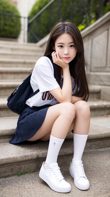 Pure Japanese school girl, sexual attractive, outstanding body, beautiful legs, wearing uniform, panty, sweet smile, sitting on bench, refreshing in early summer park, composition from the front,