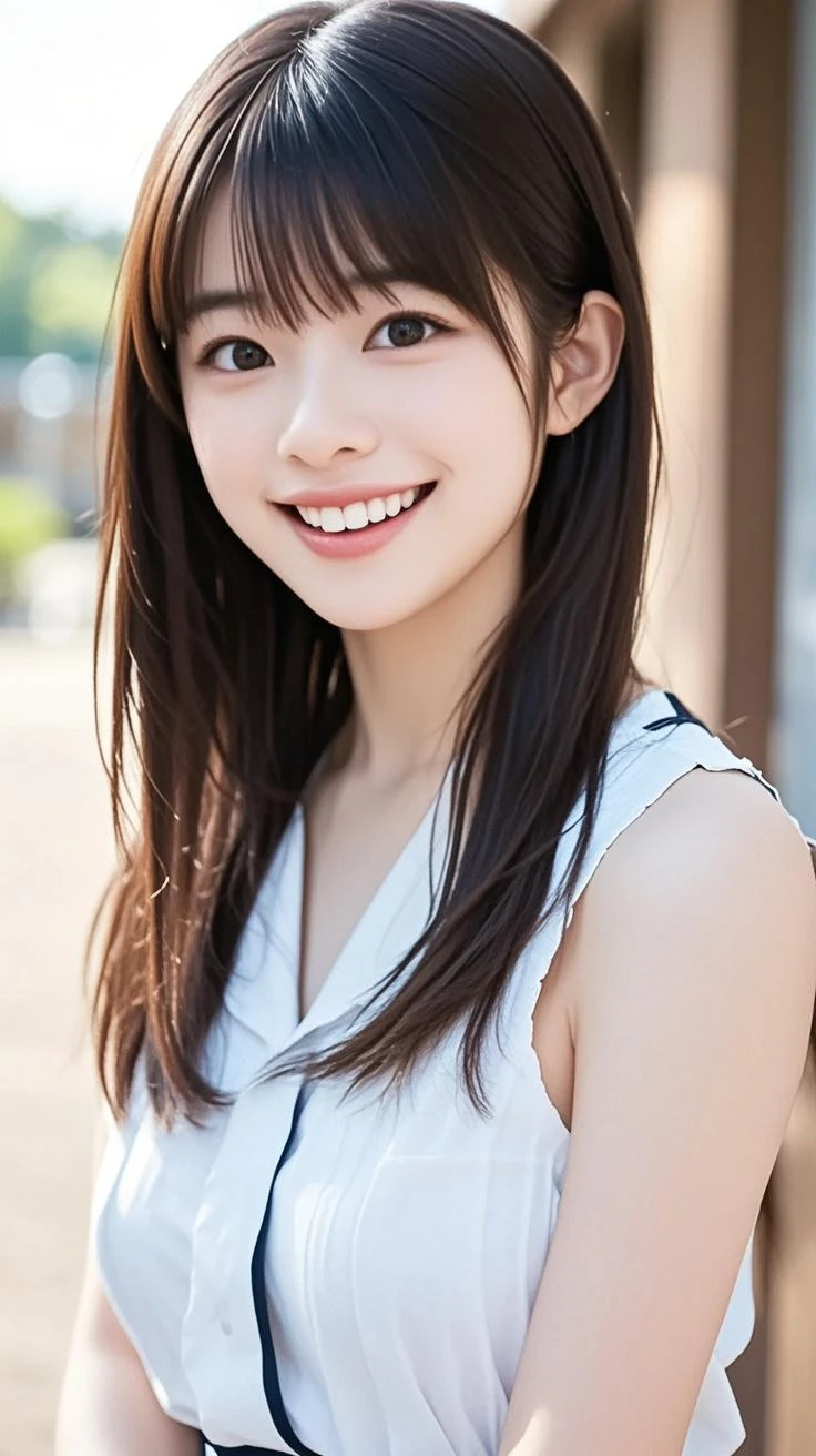 cute, アイドルのようにcute16歳の高校生、Young cute face、Short、Smiling Kindly、High school suburban classes、高校の制服はCleavageが見えるデザイン、Small breasts、Cleavage、Forest Park、Dim lighting、whole body、RAW Photos、Genuine、Real、realism、Raw photo、High resolution、Life、No copyright notice
