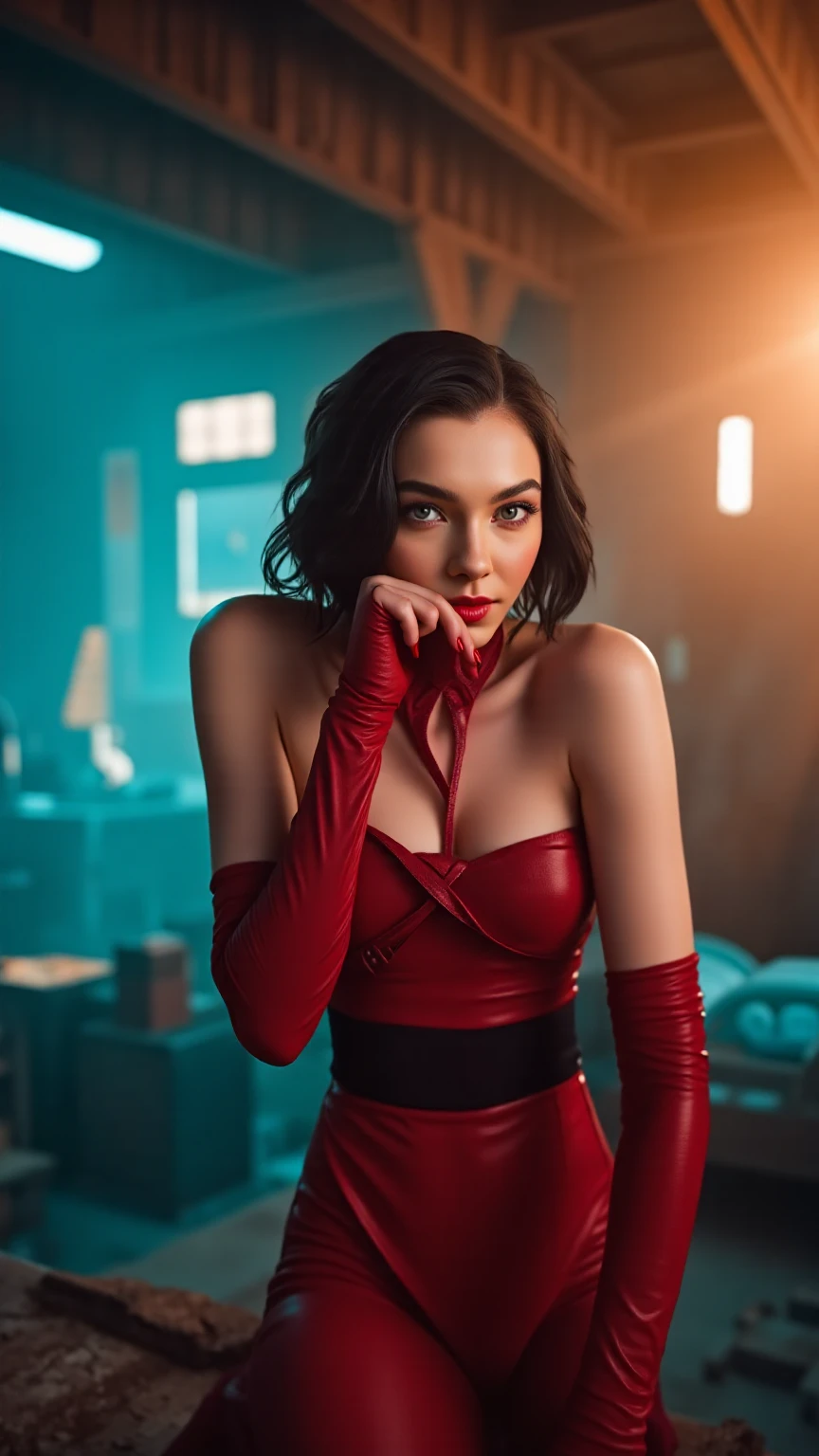 A close-up of a sensual seduction scene in A Bewitching: A glamorous female singer with overwhelming beauty and heavy makeup, wearing her stage costume of a crimson glitter off-the-shoulder dress, suddenly appears from the shadows of an empty, eerily bright ship's corridor and seductively beckons a lost man. The man succumbs to his carnal desires and gives in to the temptation, losing himself in the pursuit of the woman's voluptuous buttocks as he is led along. The woman enters the elevator, which is stopped at a dead end with its doors open, and urges him to enter, saying that they should do something naughty inside. However, the elevator is broken, and in fact the entire bottom panel has fallen out, revealing an abyss inside the shaft. She is a lost evil spirit who lures the living to death. A demonic, evil and lascivious smile showing teeth and tongue, a seductive gaze, looking at the viewer, from the front, focus on the woman, bust shot, bright and strong overall lighting, brunette with short perm, reflective blue eyes, wet and shining red lips, aesthetic, glamour, soft and curvy, white skin, neck, collarbone, shoulders, cleavage, huge breasts, red long gloves,