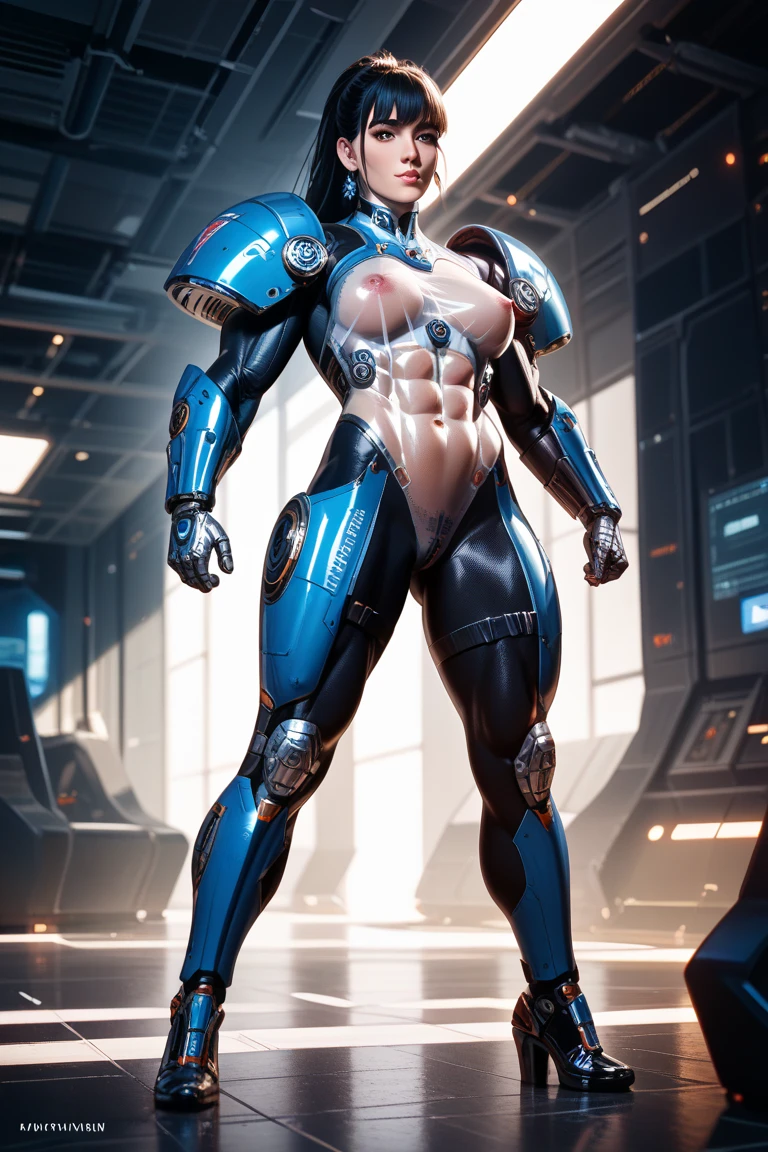 8K, Top Quality, Intricate Details, Ultra Detail, Ultra High Resolution, Masterpiece, close up shot, (full body: 1.1), Slender, Smile, ((smirk)) (Makeup: 0.4), ((,)), (Fluffy blue Eyes: 1.21), (()), 1girl, solo, 1 girl, ((cammy white, blonde hair, bangs, short hair, blue eyes, antena hair, abs, scar on cheeks )), close up shot, , ((tall)), (((fit body))), (((slim face))), sharp face, (( wind blow, strong wind, wind blow hair, wind blow,)) , (detailed face), sharp face, small lips, ((futuristic suit,)), , ((cyber suit, Cyberpunk Mech suit,)), detailed face, detailed breast,((abaya)) , ((detailed nipples)), detail ass, Narrow Waist, Skinny, tall , 175 cm tall, Muscular, Navel, Exposed Abdomen, Pointed Chest,, Beautiful girl with accentuated slender abs: 1.4, Six Pack Abs: 1.4, Bust Botox, Big, Perfect Body, detail leg, (( dark background)), black background,