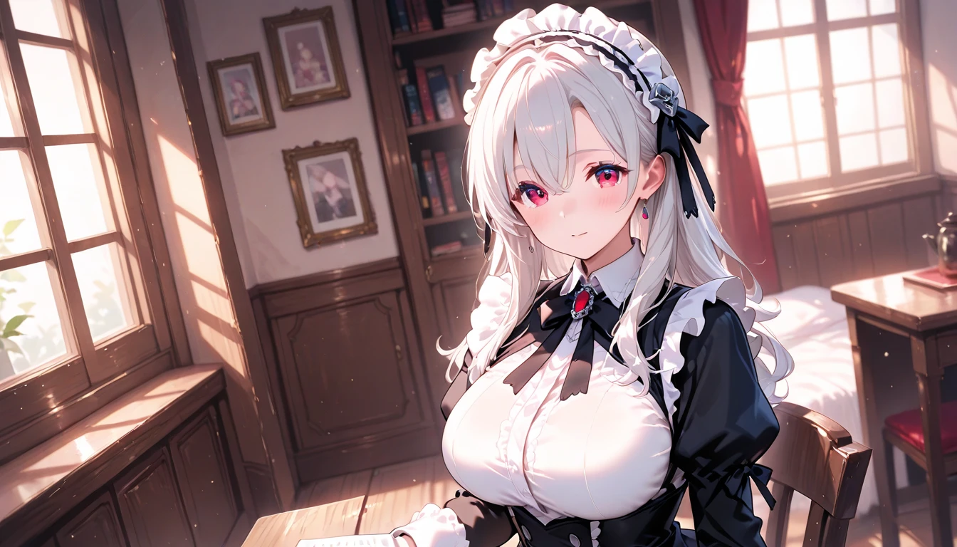 "The best quality, 4K, high-resolution, masterpiece:1.2. Ultra-detailed, realistic, portrait of a 20-year-old girl with white hair tied in a ponytail and grayish-white eyes (beautiful, detailed, perfect:1.1). She has a slightly sad expression (devastating:1.37) on her face. The background features an ancient bookshelf, and she is holding a ledger in her hands. She is dressed in a maid outfit."