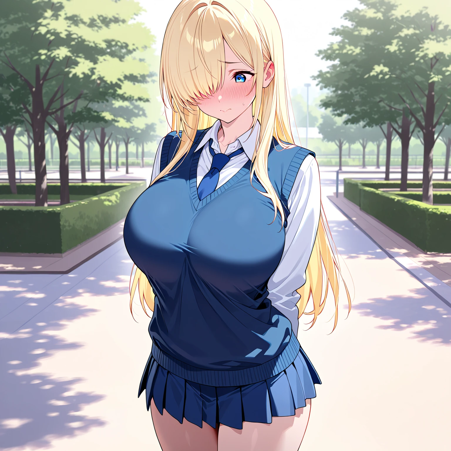 (Nipples), Blonde, blazzer, (big tits), solo, blush face, blue eyes, school uniform, long skirt, standing pose, at school garden, sitting on branch, calm face