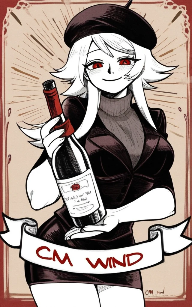 score_9, score_8_score_7_up, mrls, 1girl, 独奏, Anime style, Heterochromia, Blurred eyes, Holding a wine glass, Pink lower lip, Orange red eyeshadow, Short silver asymmetrical hair, Asymmetrical short hairstyle, Long bangs on one side, Color highlights, Huge breasts, Black off-the-shoulder evening dress, Light blue background.