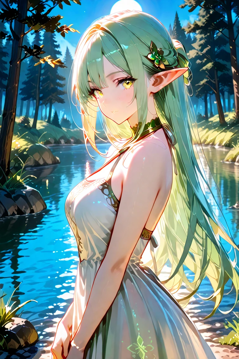 Beautiful elven women bathing and frolicking in a lake surrounded by greenery、sunset、Close-up
