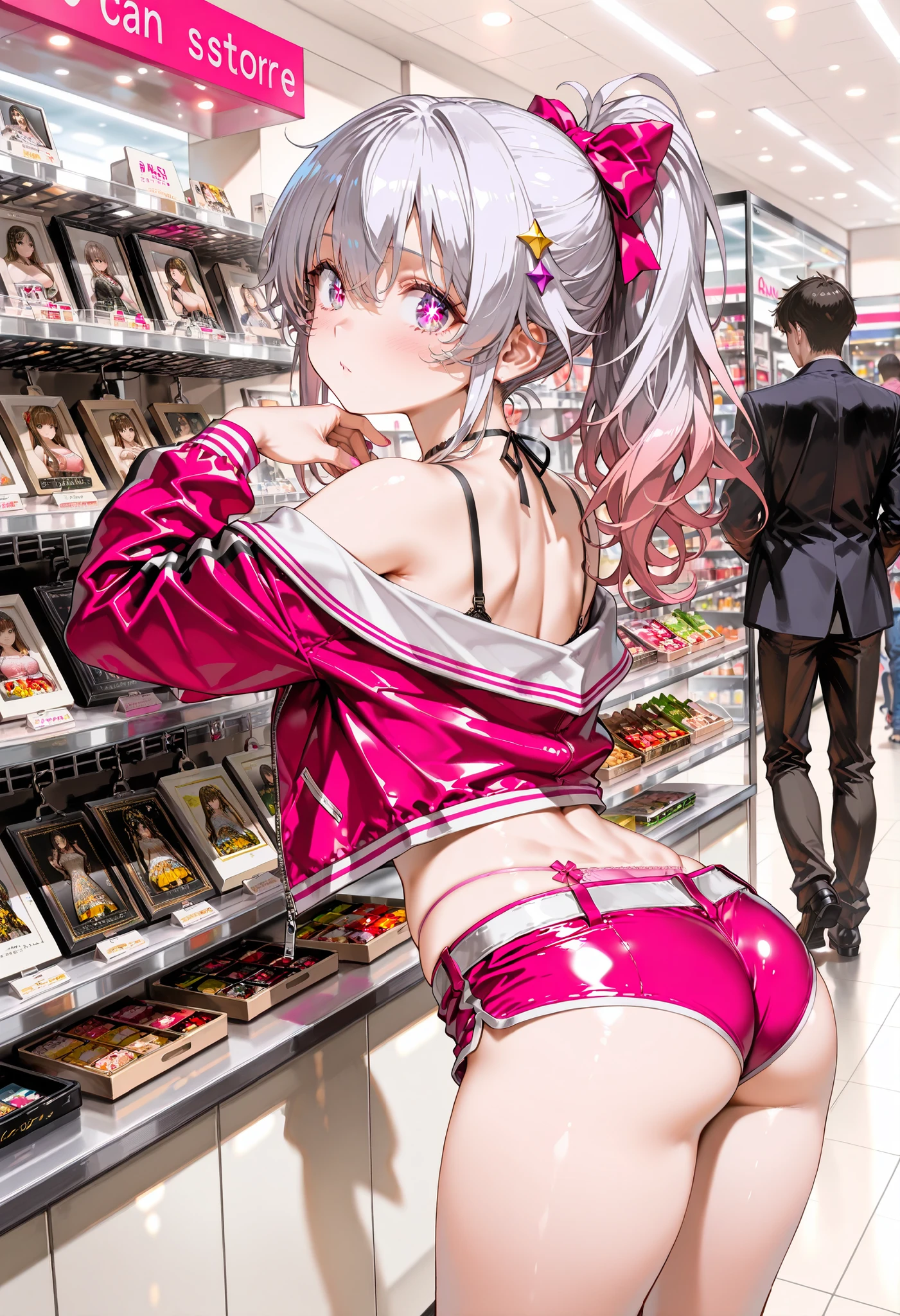 (masterpiece, 8k, Ultra High Definition, Highest Quality, realistic like a photo, perfect anatomy, sitting on toilet), (1 girl on break day, soro:1.4), (cute, little:1.3), (very cute face:1.2), absurd, Super Detail, golden ratio, 超cute女の子, idol girl on water , Super Beautiful Asian Woman with Extremely Beautiful Purple Sparkling Eyes, beautiful shiny silver hair , high ponytail, nice and sexy body , Slender Body, perfect body, Anime Print Super Tight Off Shoulder Long Sleeve Crop Top, wearing super tight anime printed micro shorts, Super Aesthetic Clear Mini Jacket , Beautiful hair ornaments, pink jordan tennis, (You can take pictures at an accessory store in a shopping mall, Standing pose from behind:1.5), ( undress, Taking off micro shorts , Showing off her neon pink panties, Show the string:1.4),