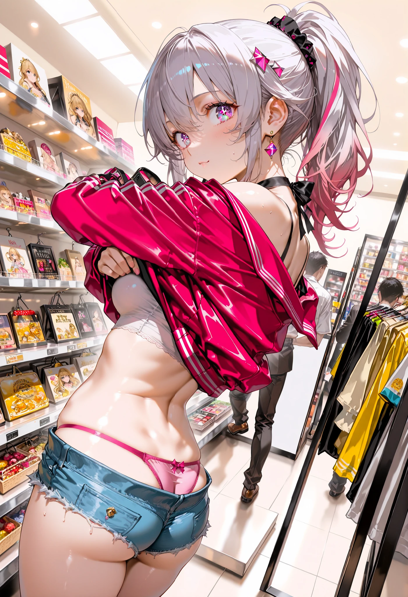(masterpiece, 8k, Ultra High Definition, Highest Quality, realistic like a photo, perfect anatomy, sitting on toilet), (1 girl on break day, soro:1.4), (cute, little:1.3), (very cute face:1.2), absurd, Super Detail, golden ratio, 超cute女の子, idol girl on water , Super Beautiful Asian Woman with Extremely Beautiful Purple Sparkling Eyes, beautiful shiny silver hair , high ponytail, nice and sexy body , Slender Body, perfect body, Anime Print Super Tight Off Shoulder Long Sleeve Crop Top, wearing super tight anime printed micro shorts, Super Aesthetic Clear Mini Jacket , Beautiful hair ornaments, pink jordan tennis, (You can take pictures at an accessory store in a shopping mall, Standing pose from behind:1.5), ( undress, Taking off micro shorts , Showing off her neon pink panties, Show the string:1.4),