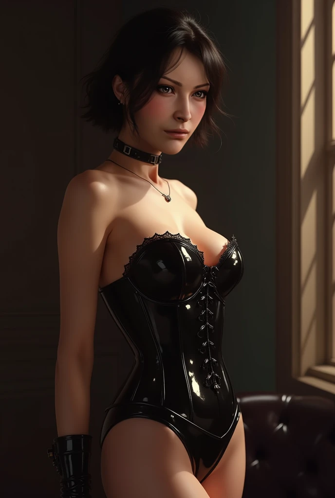 Emma Watson, Corset noir, esclavage, (en cellule de prison), Woman in chains, corps entier, ((arm behind back)), Chained Chain, ((Best quality, 8k, Masterpiece: 1.3)), mise au point nette: 1.2, Belle femme en parfaite forme: 1.4, slender abs: 1.2, ((layer cut, grand: 1.2)), (Pluie, rue: 1.2), WET BODY: 1.5, very detailed face and skin texture, detailled eyes, very short hair, BDSM, esclave, Caoutchouc, BDSM